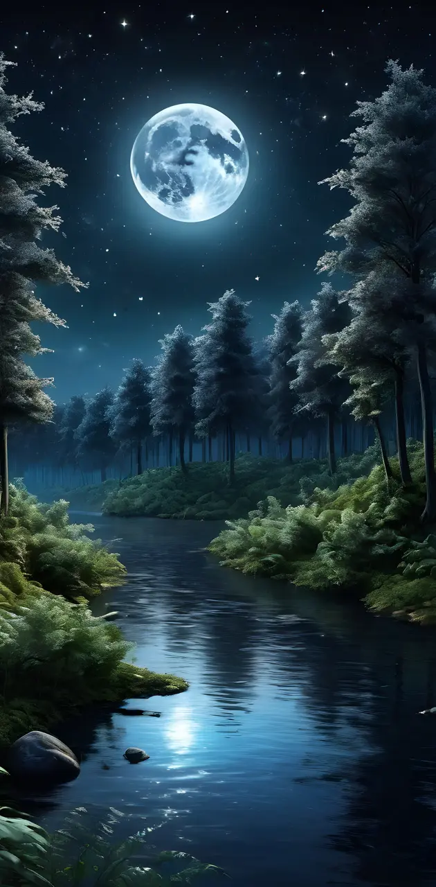 cute river in forest wyth dark sky wyth stars and moon