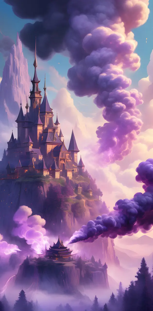castle with purple smoke
