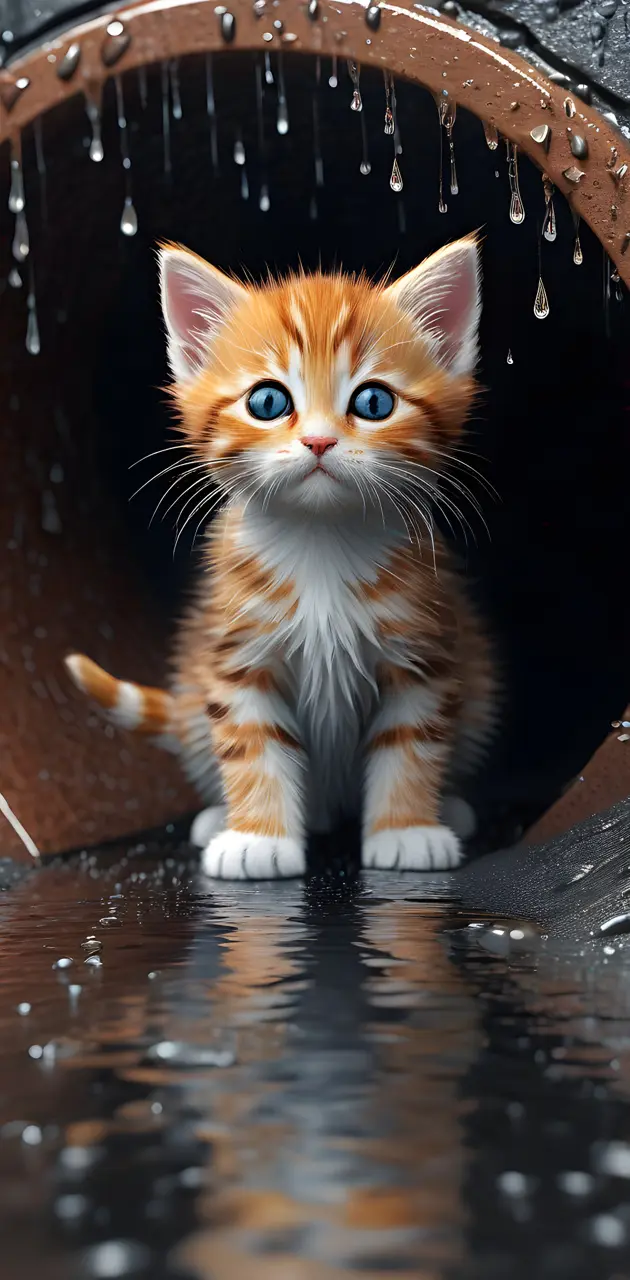 a kitten standing on a wet surface