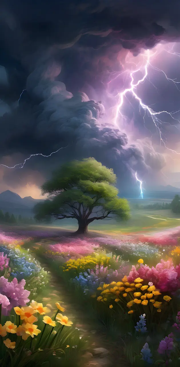 Thunderstorm in a flower field
