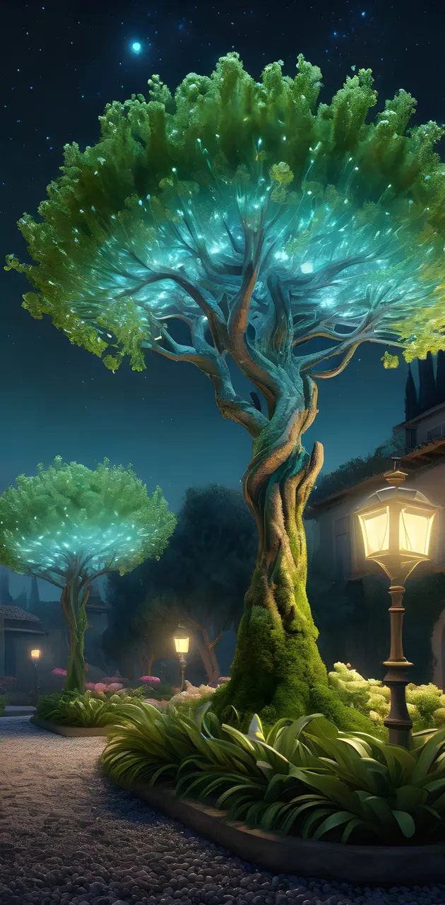 Bioluminescent Med tree In Italian Renaissance Lunarpunk fusion