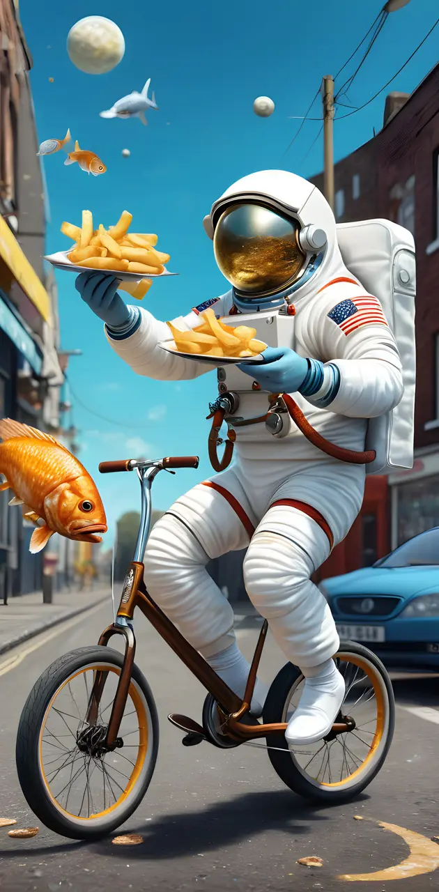 An astronaut eating fish and chips