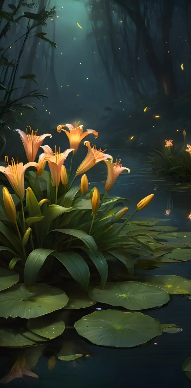 a group of orange flowers in a pond