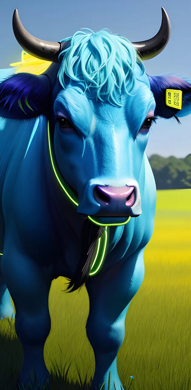 Blue cow in field