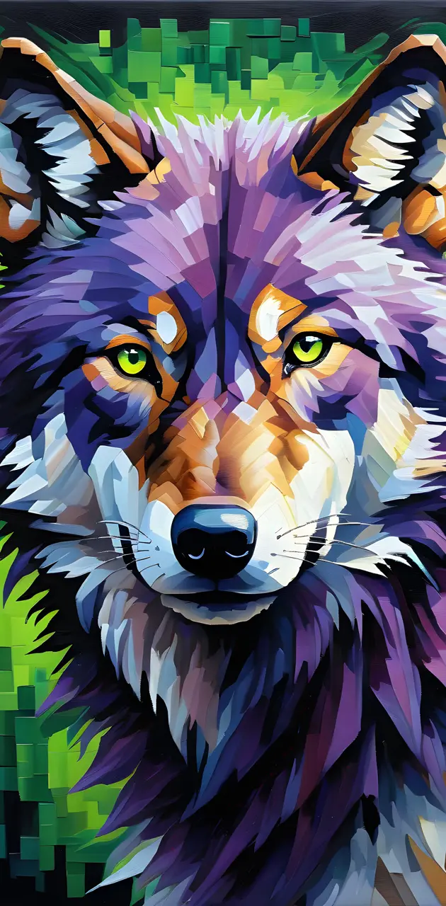 Pixelated Wolf, Green and Purple
