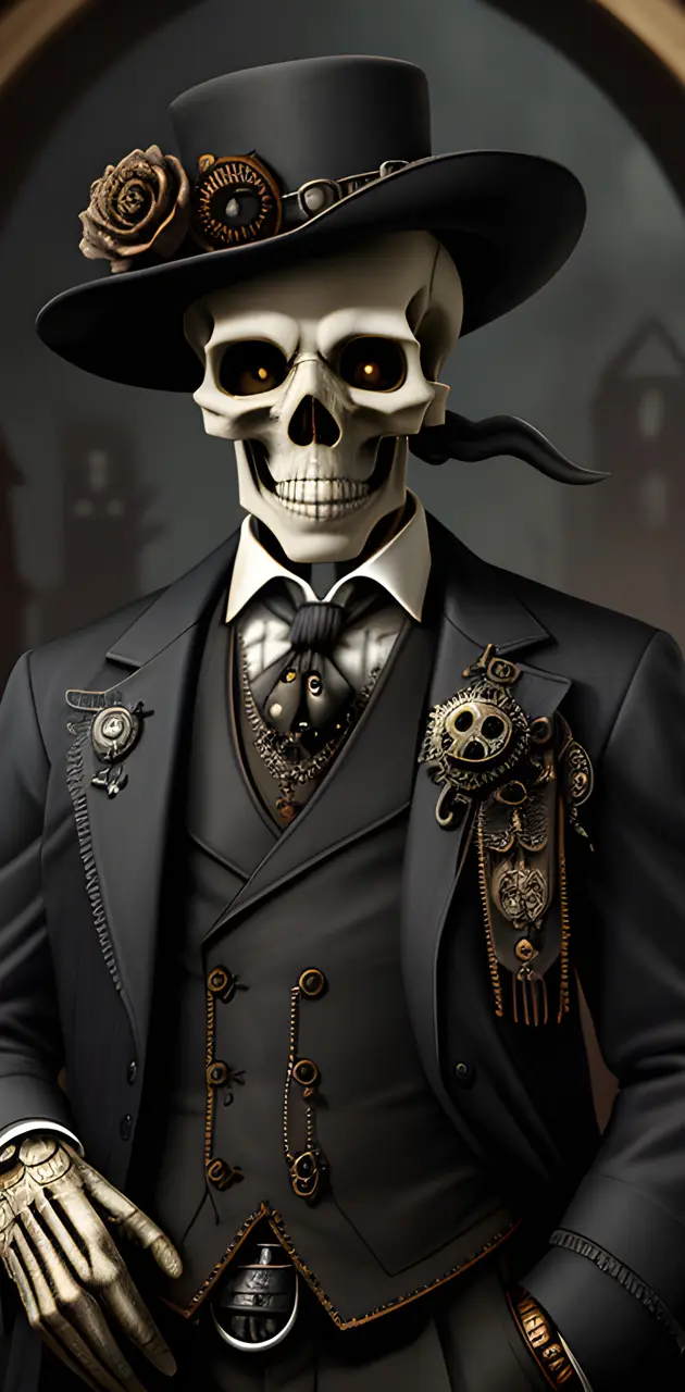 a skeleton wearing a hat and a suit and tie