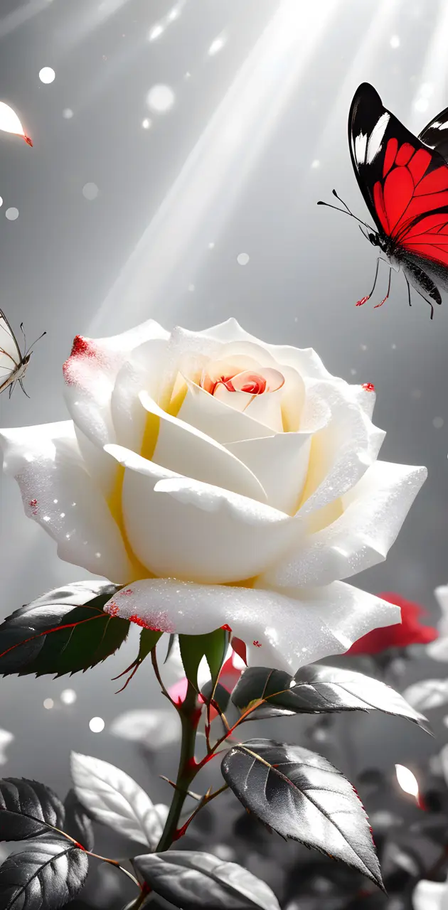 a white rose with butterflies on it