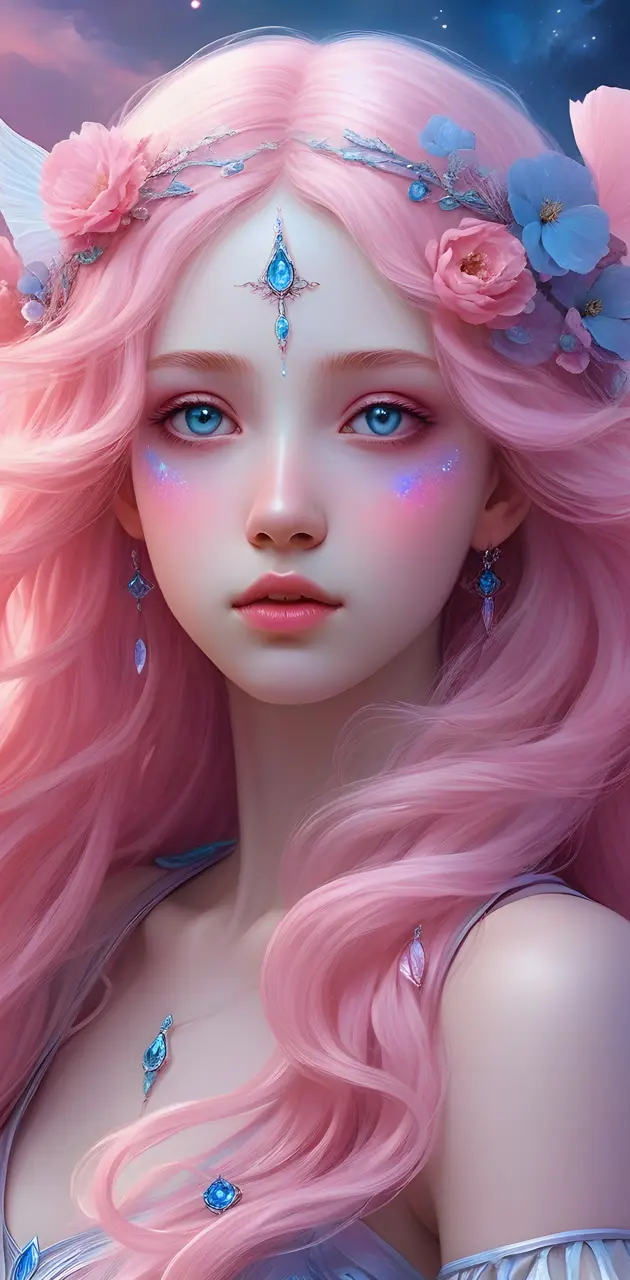 uma menina de cabelos rosa e de olhos azuis.
