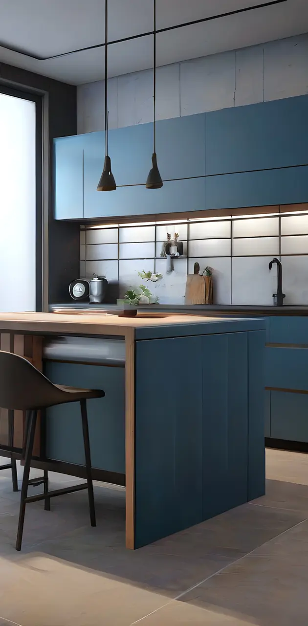 a kitchen with blue walls