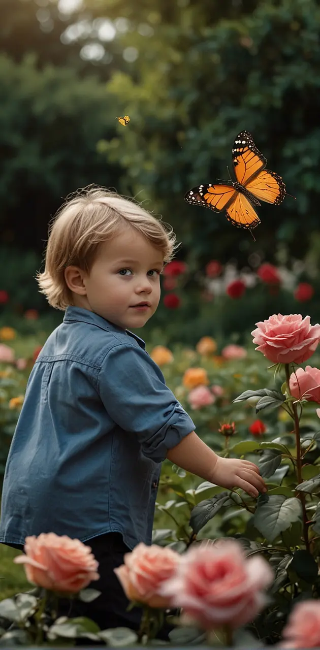A child is playing in a flower garden