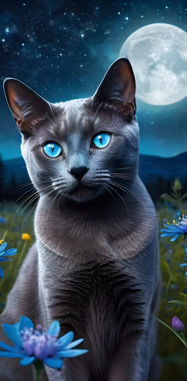 russian blue cat under the moonlight