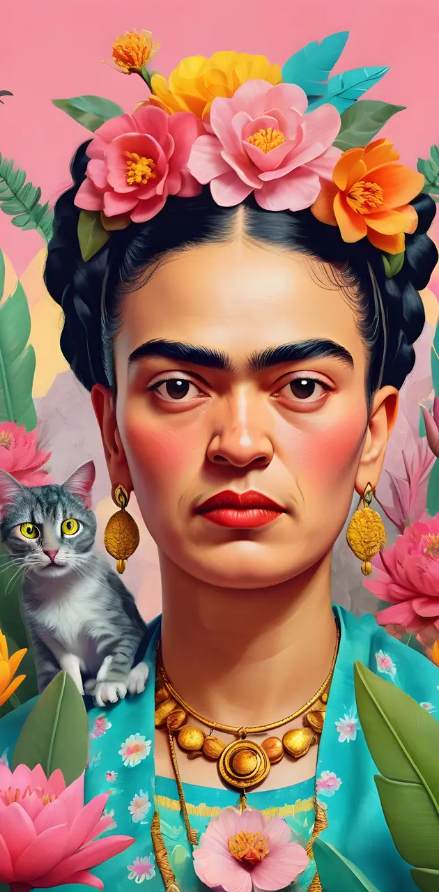 Frida Kahlo & Cat in a pastel themed self-portrait