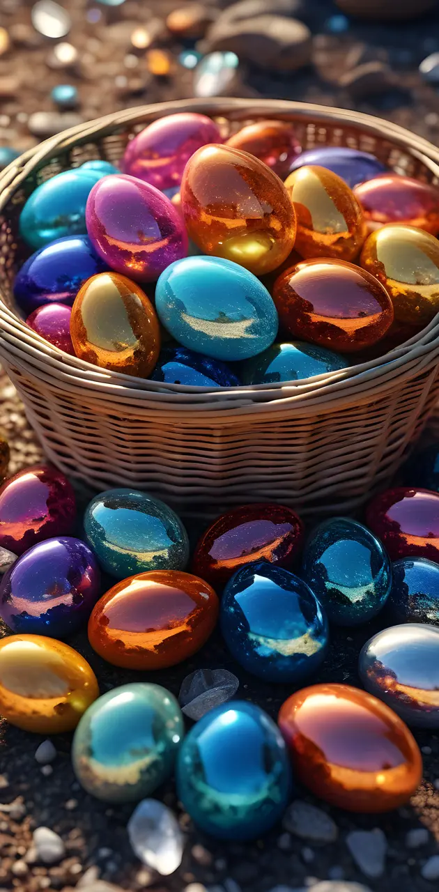 a basket of colorful eggs