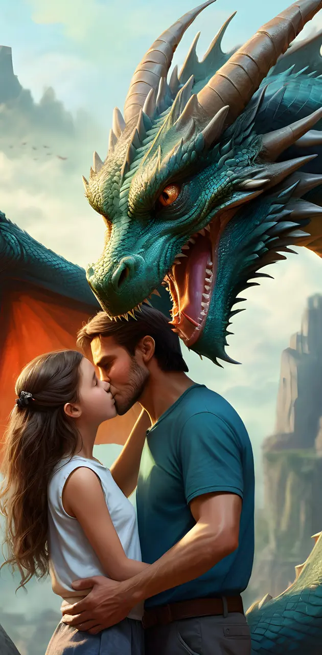man kissing a girl and a dragon