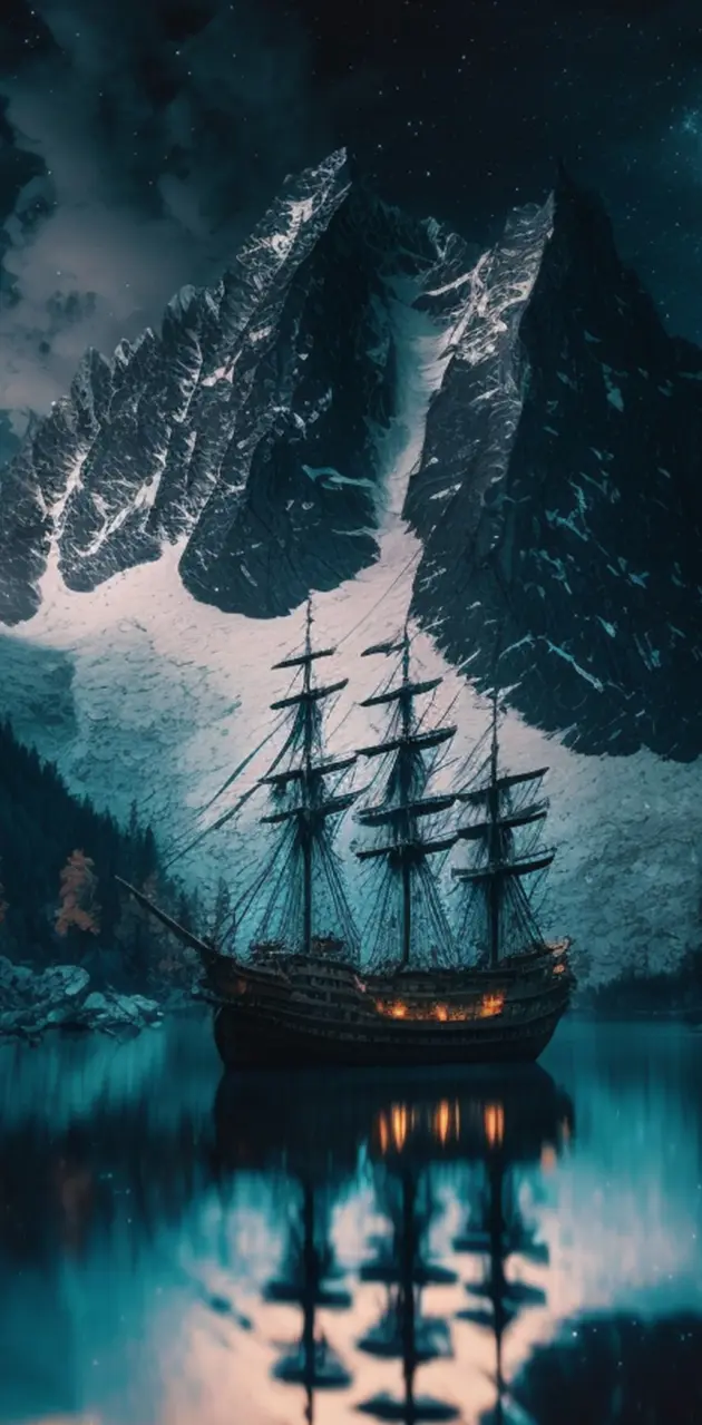 Ship passing mountains