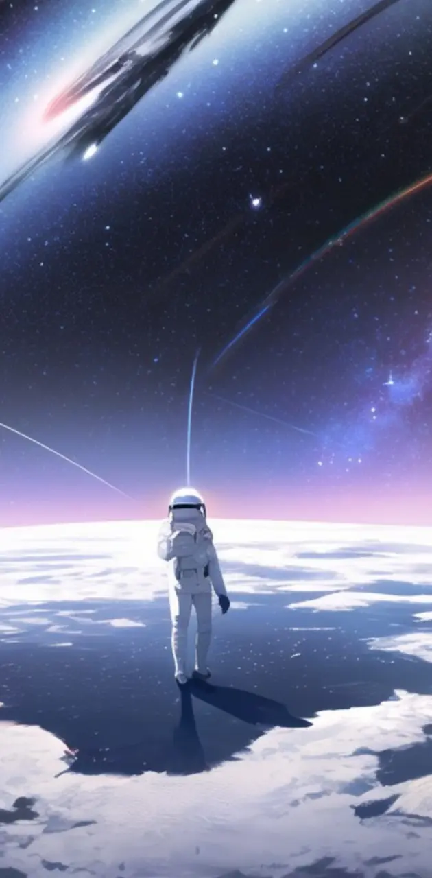 A solitary astronaut drifts through a mesmerizing galaxy