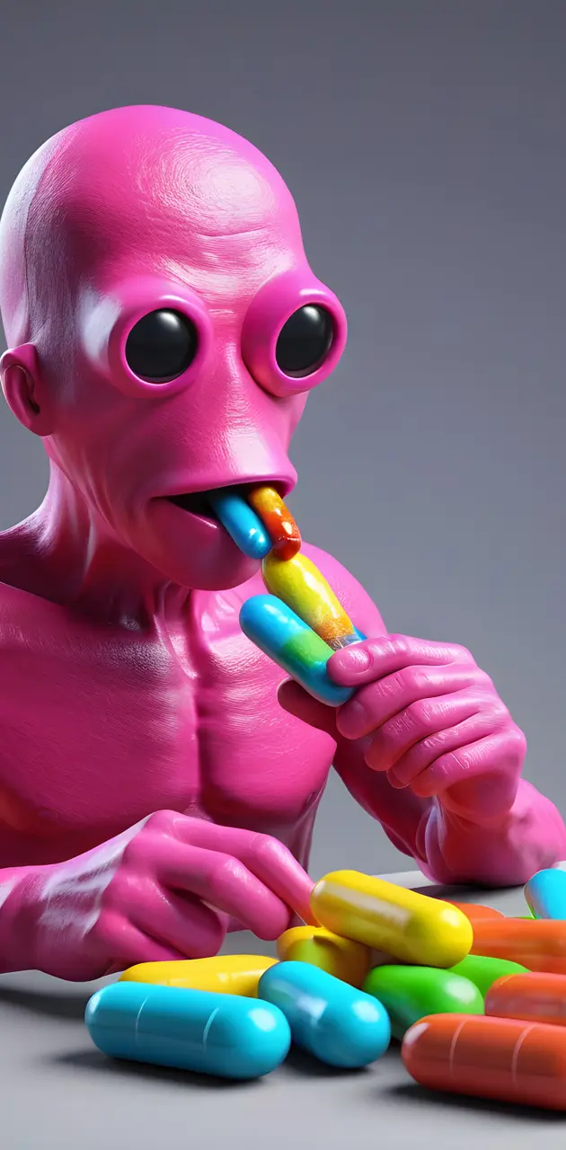 pink guy eating multicolor drugs