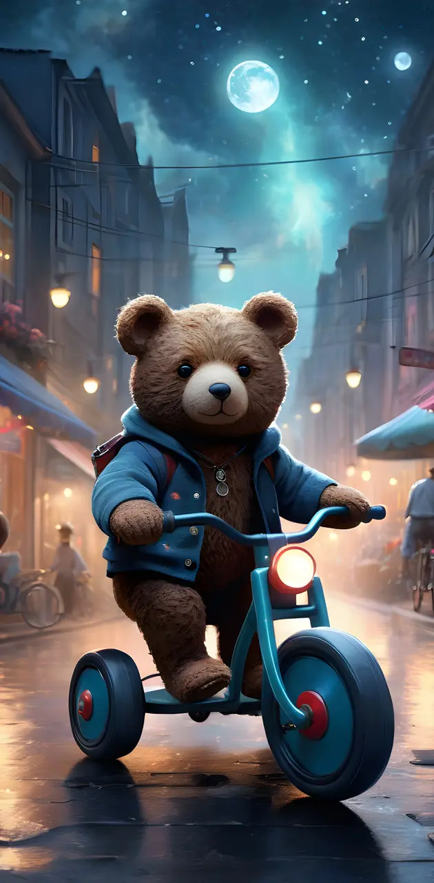 a teddy bear on a small bike