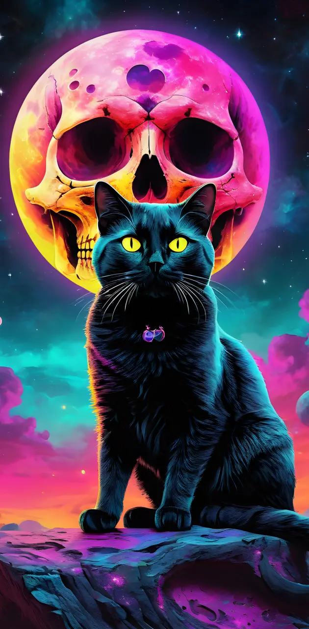 Black cat meets skull in the moon