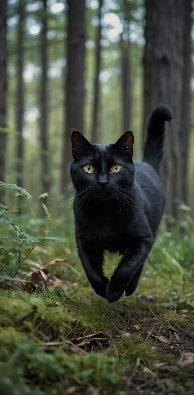 A black cat that jumps through the woods