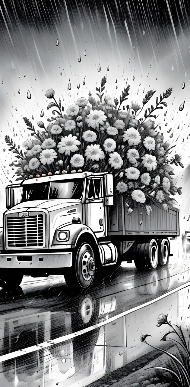 a black and white photo of a truck with flowers on it