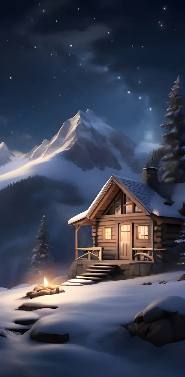 Cozy Cabin in the Snowy Night Sky