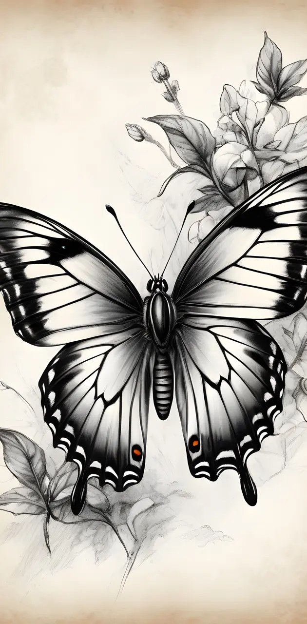 a black and white drawing of a butterfly