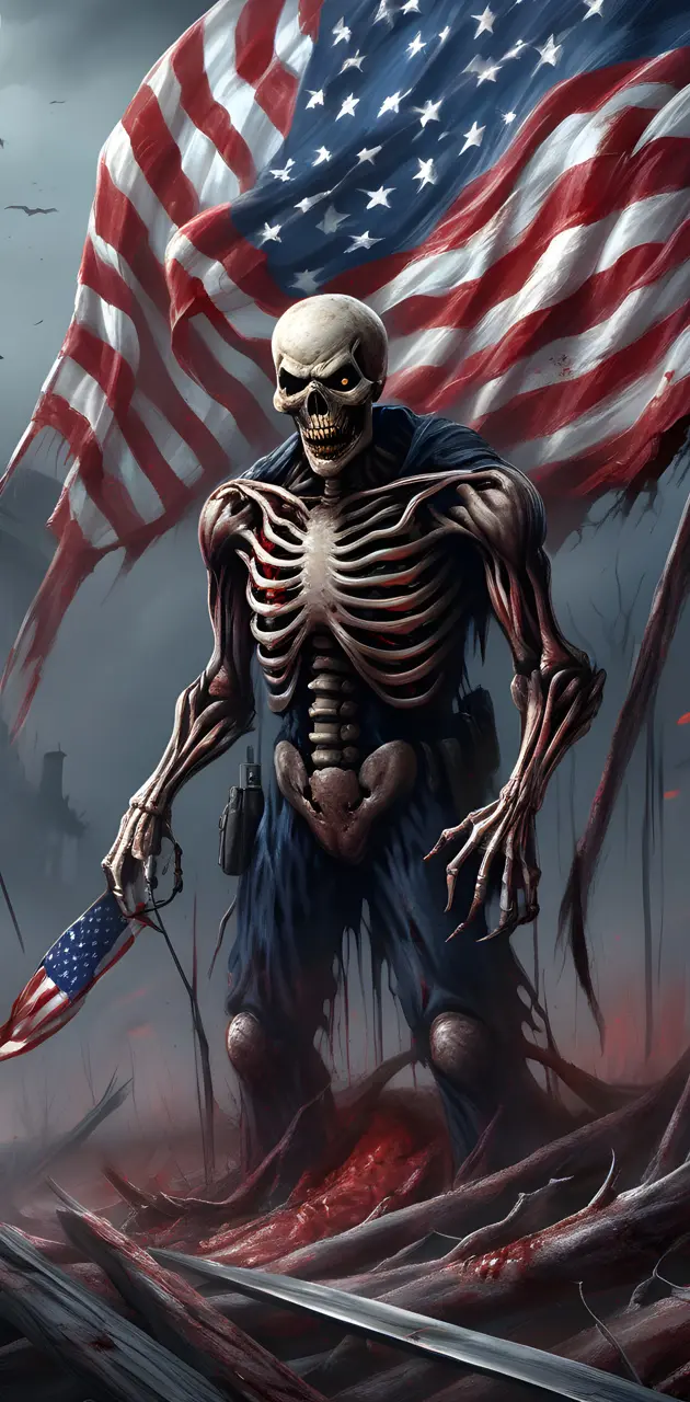 a skeleton in front of a flag