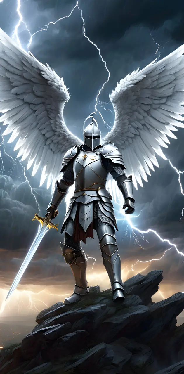 a person in a space suit with wings and a sword