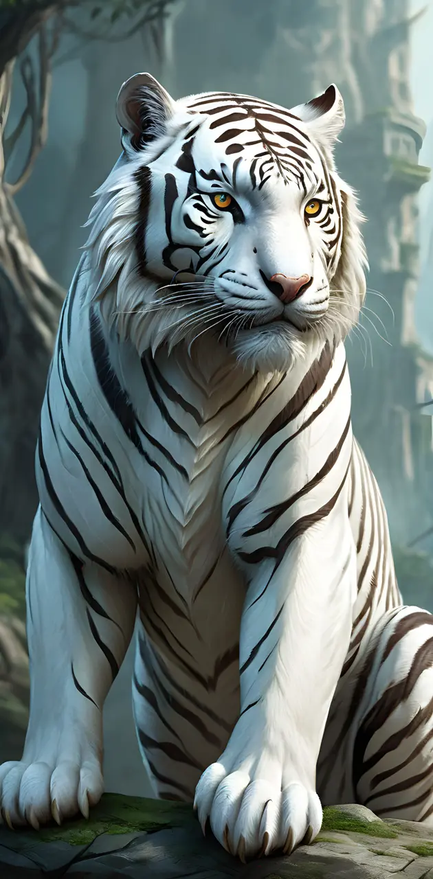 a white tiger standing on a rock