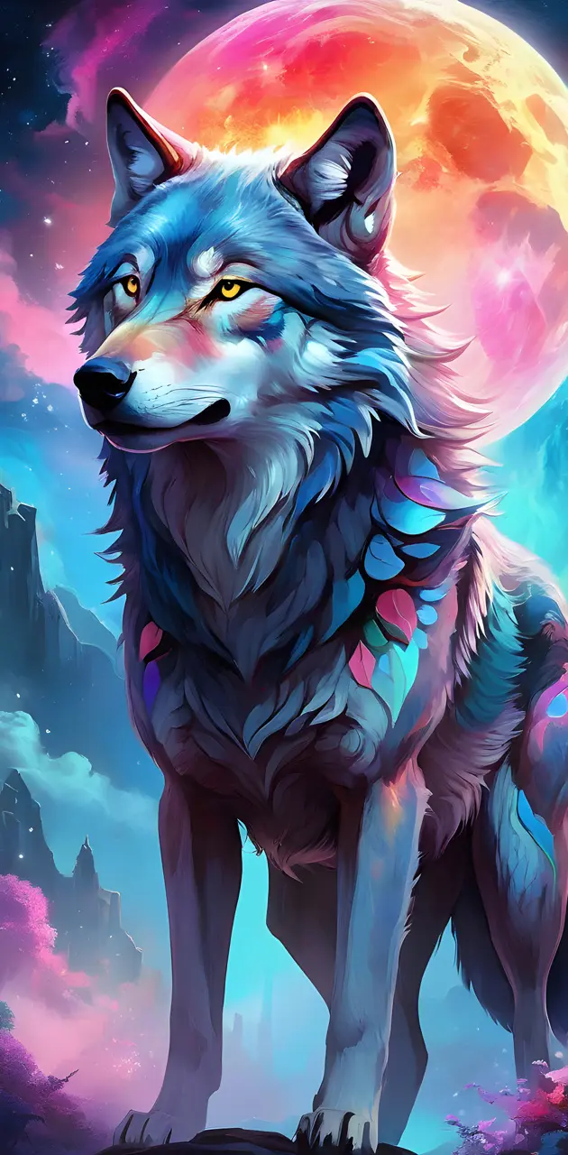 a wolf with a blue and pink body