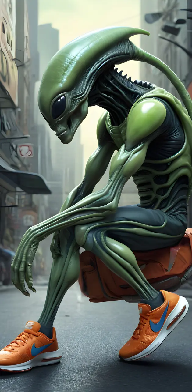 alien wearing Nike shoes