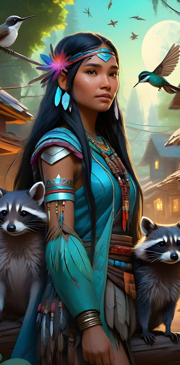 Pocahontas In Her Native Village And Her Animal Friends