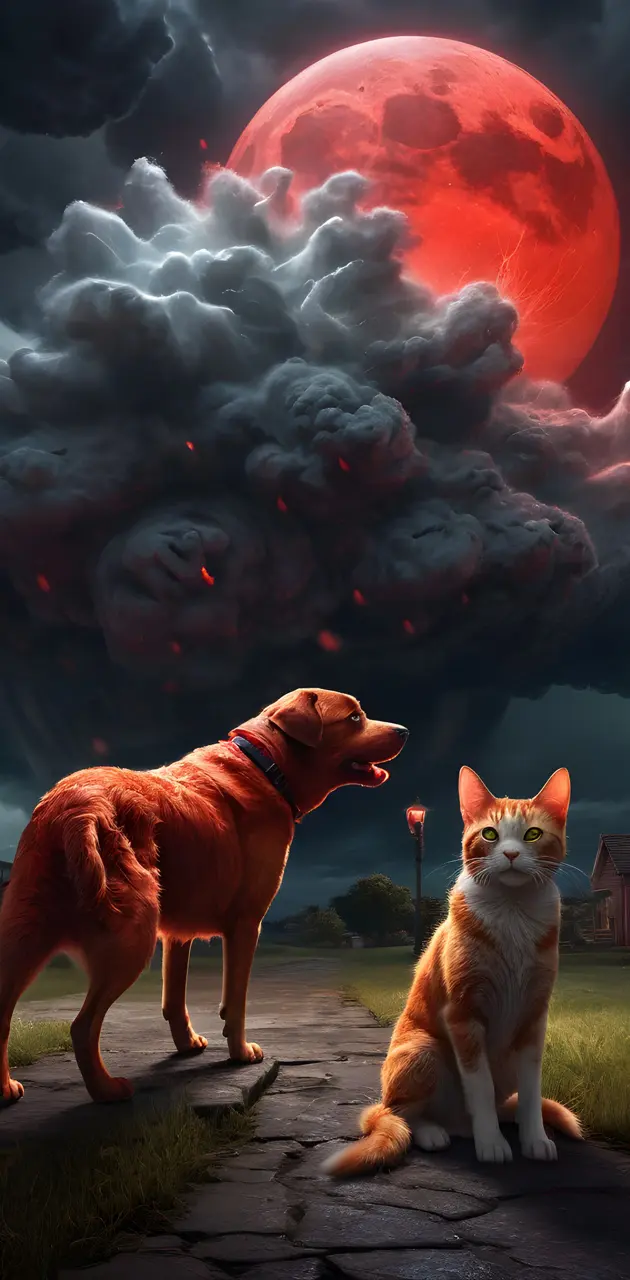 red dog and cat, red moon