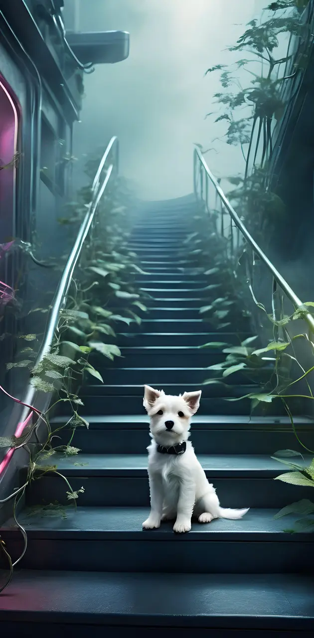 a dog sitting on a staircase