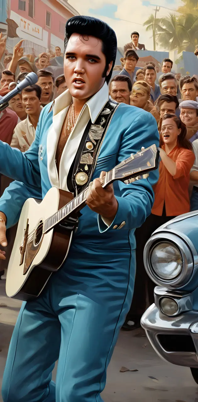 Elvis Presley in a blue suit playing a guitar in front of a crowd