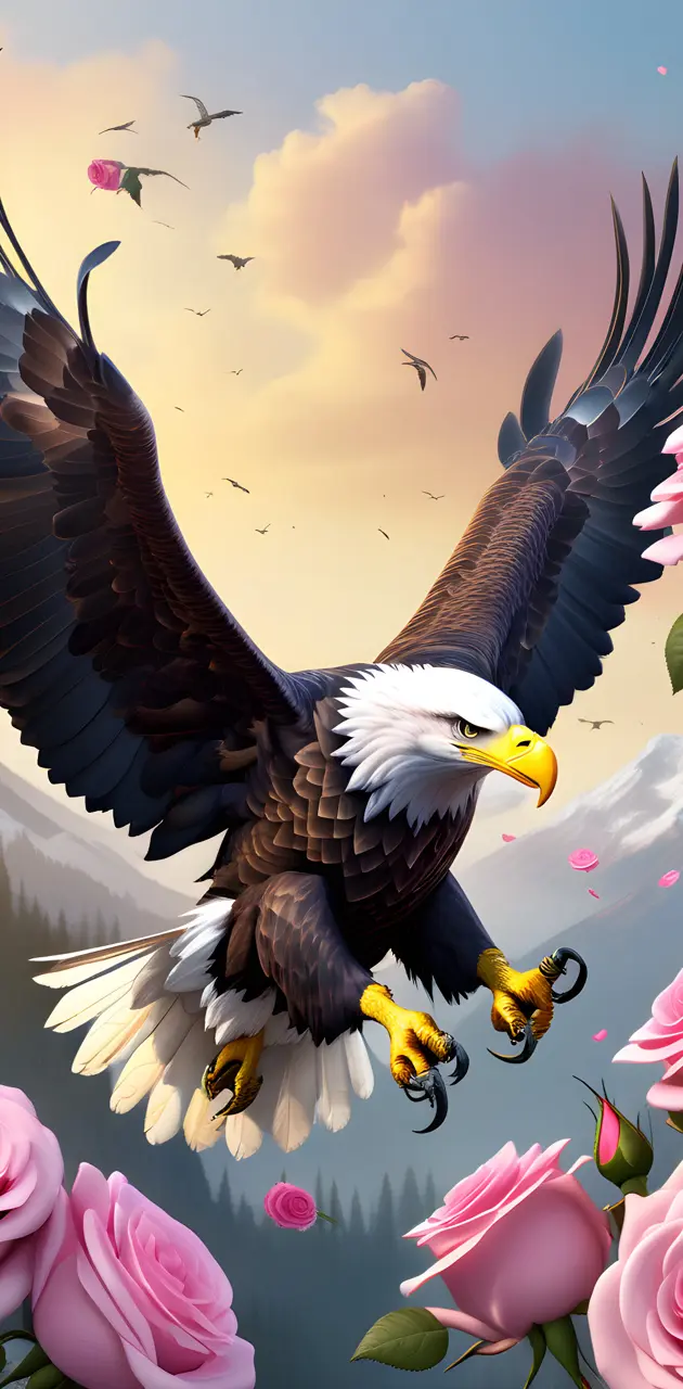 a bald eagle flying over pink flowers