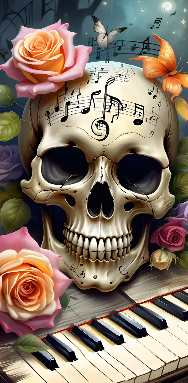 a skull with flowers & music