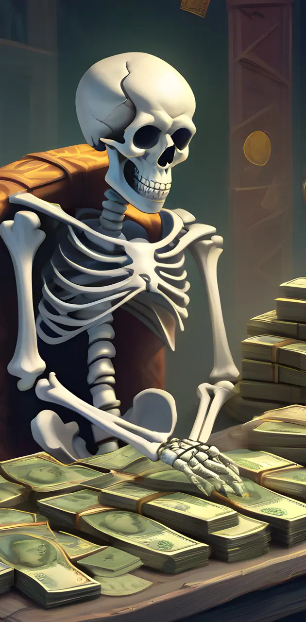 a skeleton standing on a pile of money