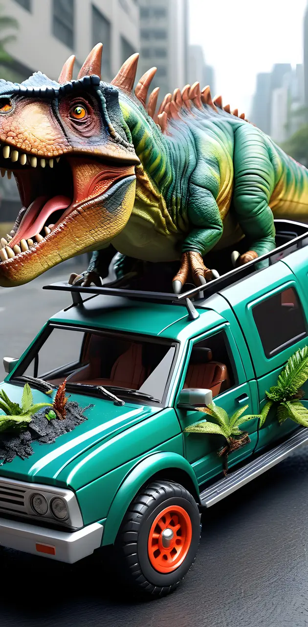 dinosaur in car