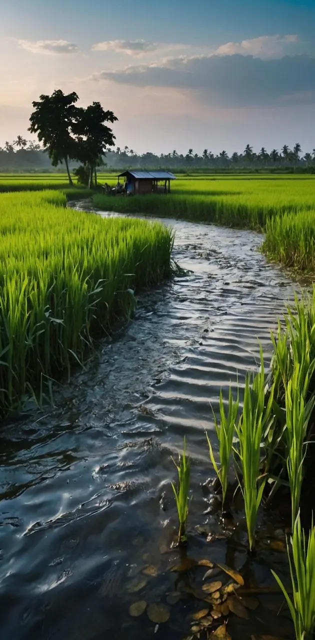 Mobile wallpaper with Green Paddy Field and River