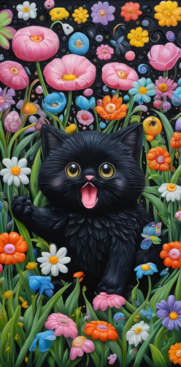 Black Cat,Spring, flowers