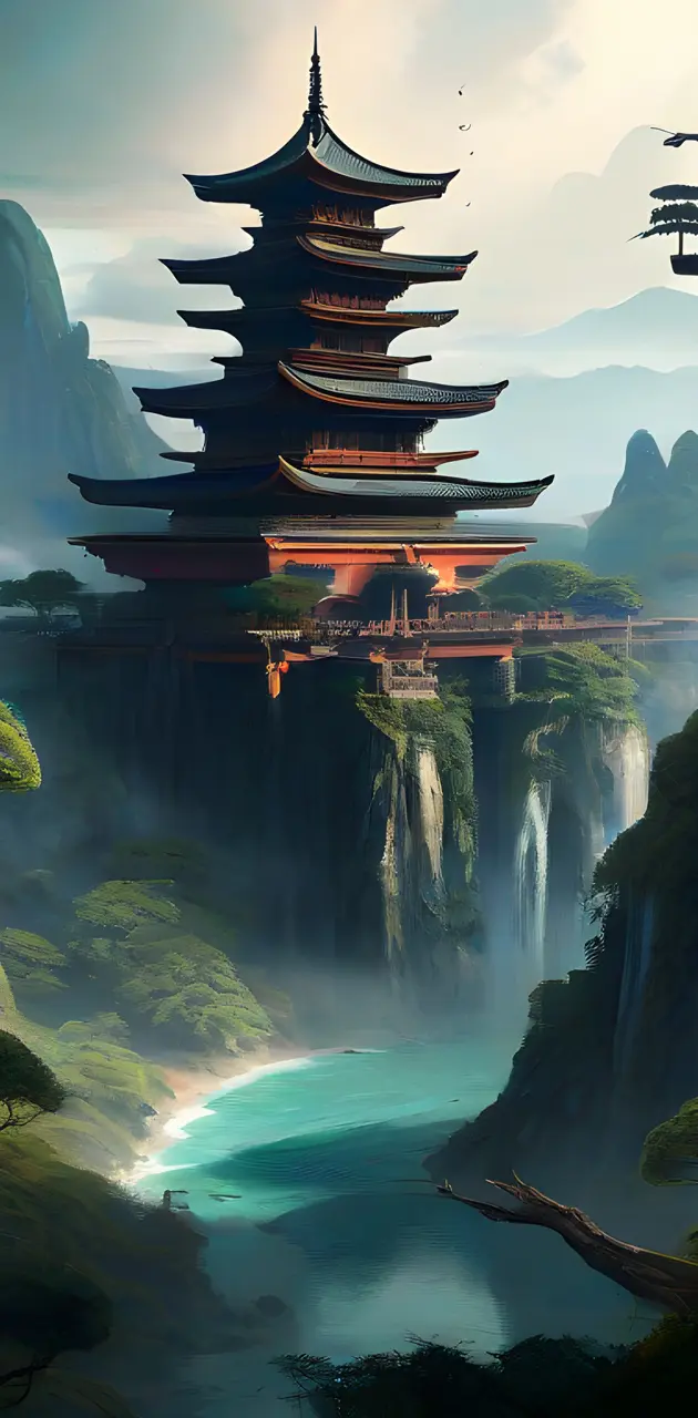 a tall pagoda with a waterfall