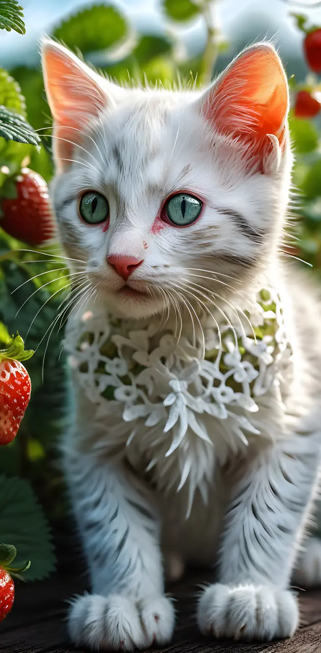 a cat with a bush of strawberries on its head