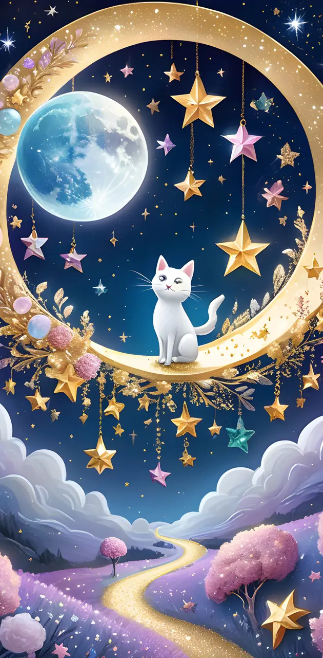 kitty cat sitting on the moon with stars