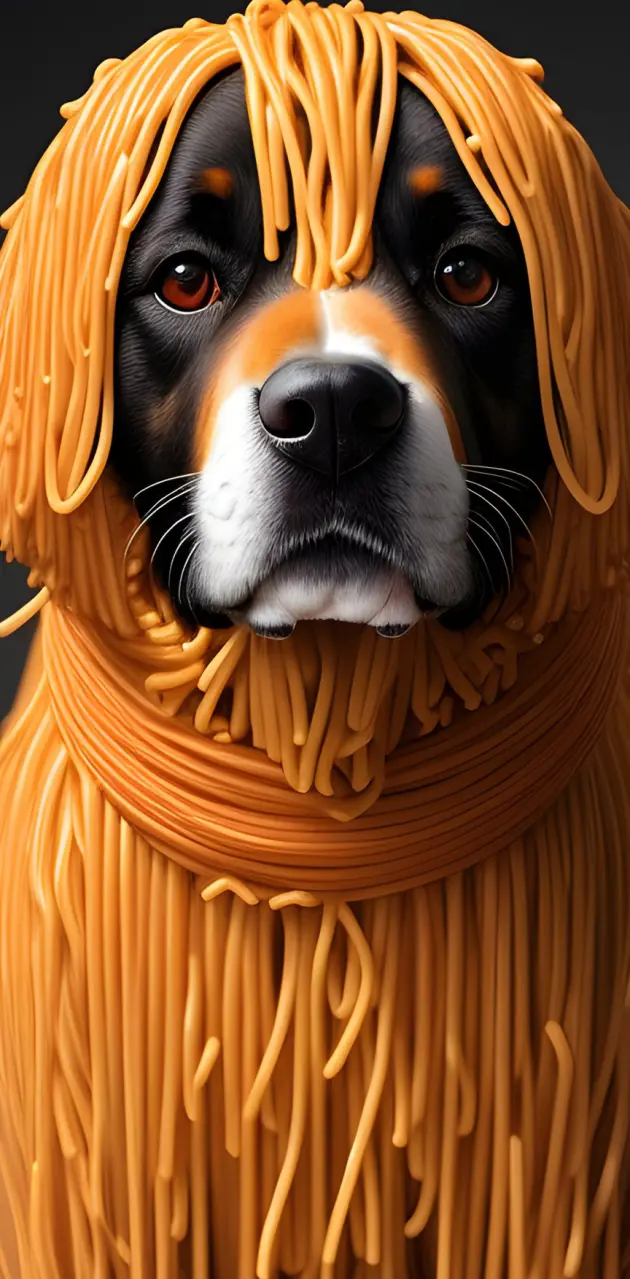 Dog covered in spaghet