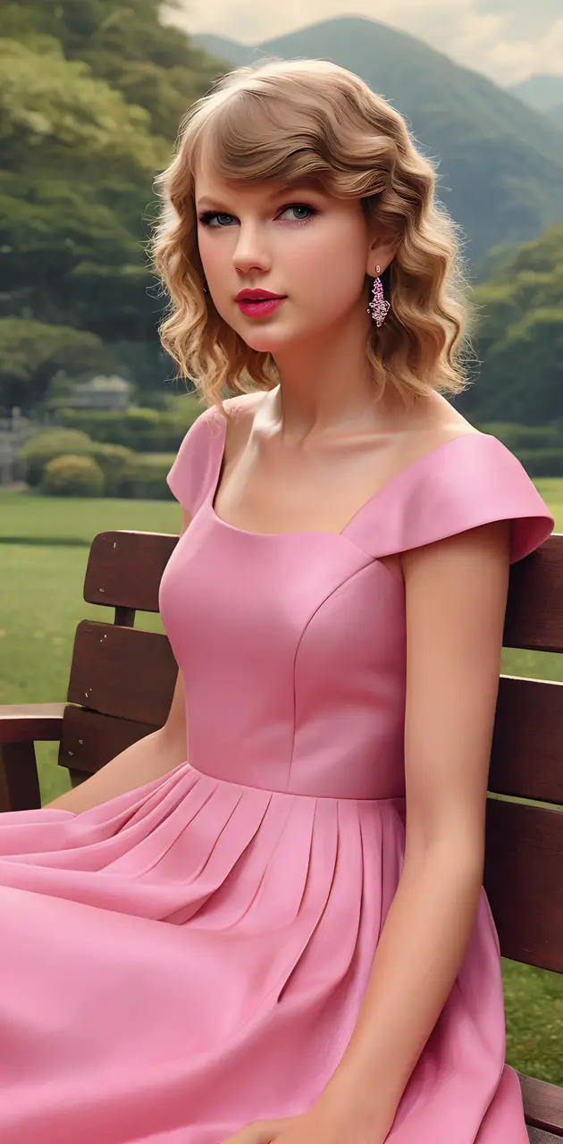 Taylor Swift in a pink dress sitting on a bench