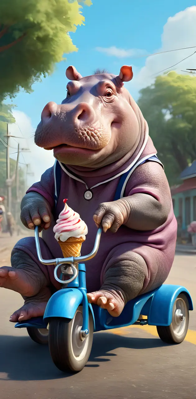 Hippo eating icream on a trysicle