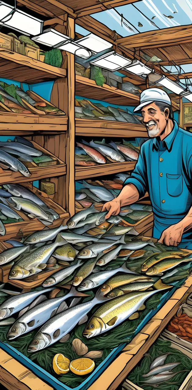 a person standing next to a pile of fish
