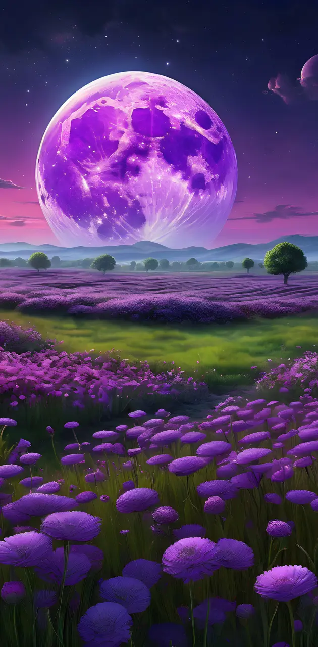 a field of flowers with a full moon in the background